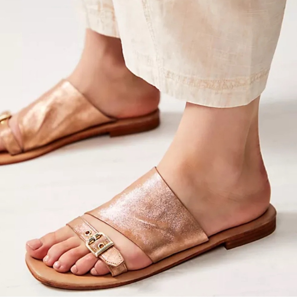 Free People Mila Minimal Flat Leather Slide Sandals With Buckle Detail.